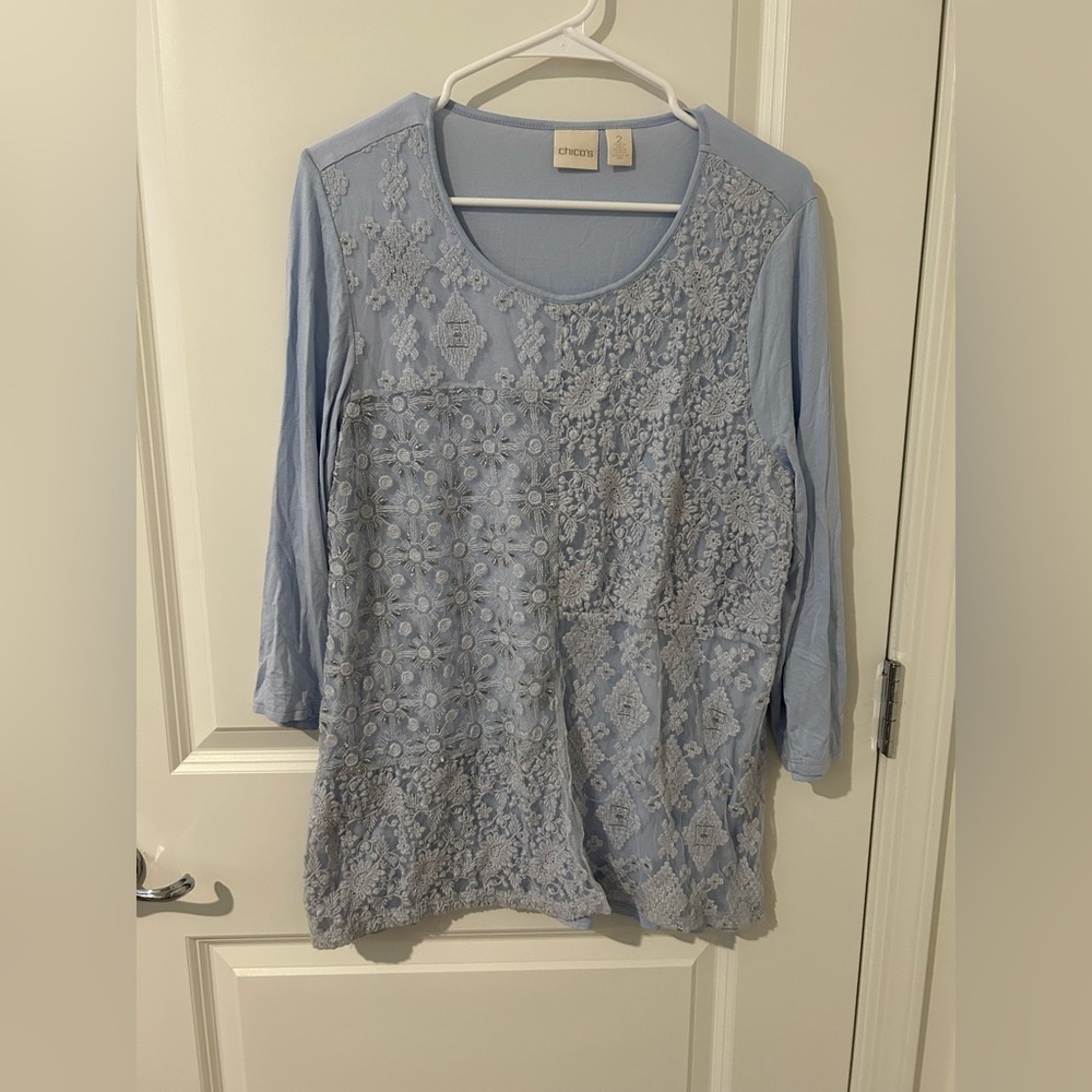 Chicos Tonal Patchwork Lace Floral Pattern 3/4 sleeve top in Baby Blue